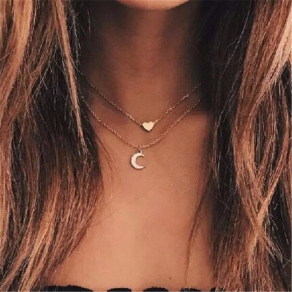 Gold Color Heart and Moon Multi-layer Necklace - Picture 1 of 7